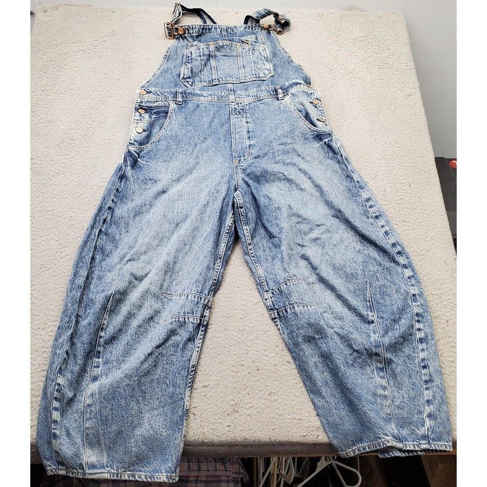 Gap Baggy Overalls Womens L Blue Ultrasoft Denim Light Wash Side Button Wide Leg
